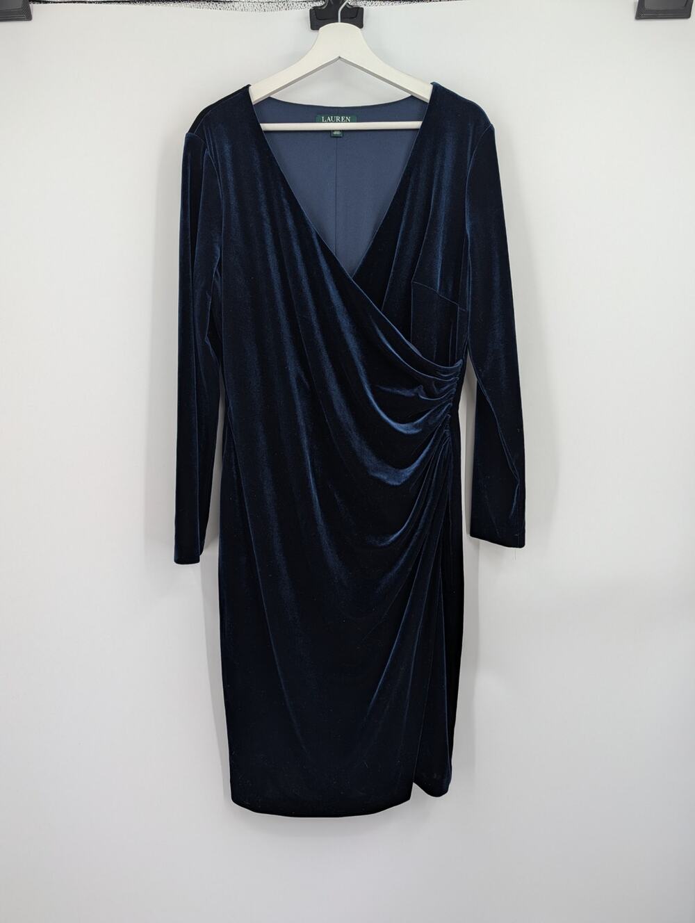 Lauren Ralph Lauren Faux Wrap Dress Blue Velvet 16 Statement Occasion Holiday